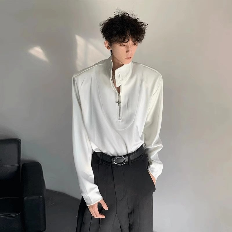 High Collar Shoulder Pad Long-Sleeved T-Shirt Men'S High-End Feeling Flaty Handsome Warm Casual Loose Inner Base Shirt - Image 1