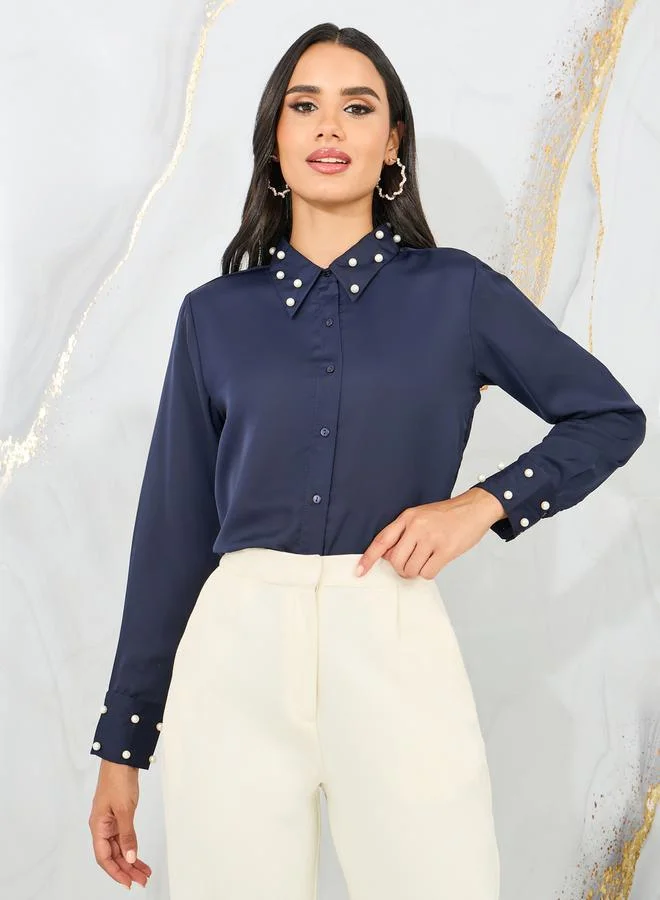 Styli Faux Pearl Detail Collar Satin Shirt