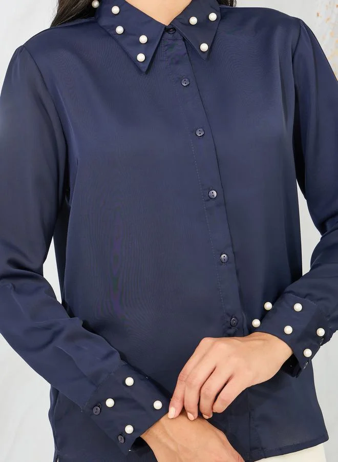 Styli Faux Pearl Detail Collar Satin Shirt