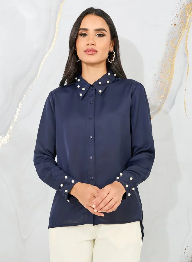 Styli Faux Pearl Detail Collar Satin Shirt