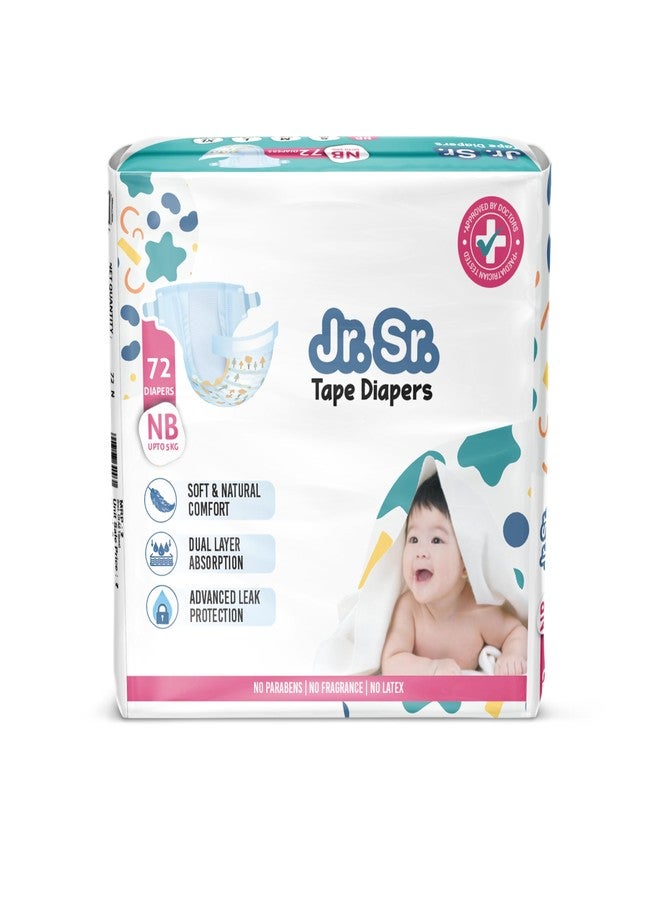 Jr. Sr. Baby Tape Style Diaper | Adjustable Fit For Babies | Newborn/Extra Small (NB/XS) Size (0-5kg), 72 Count | Pack of 1 | Upto 12 hr Absorption with Advanced Leak Protection | Soft & Comfy - Image 1