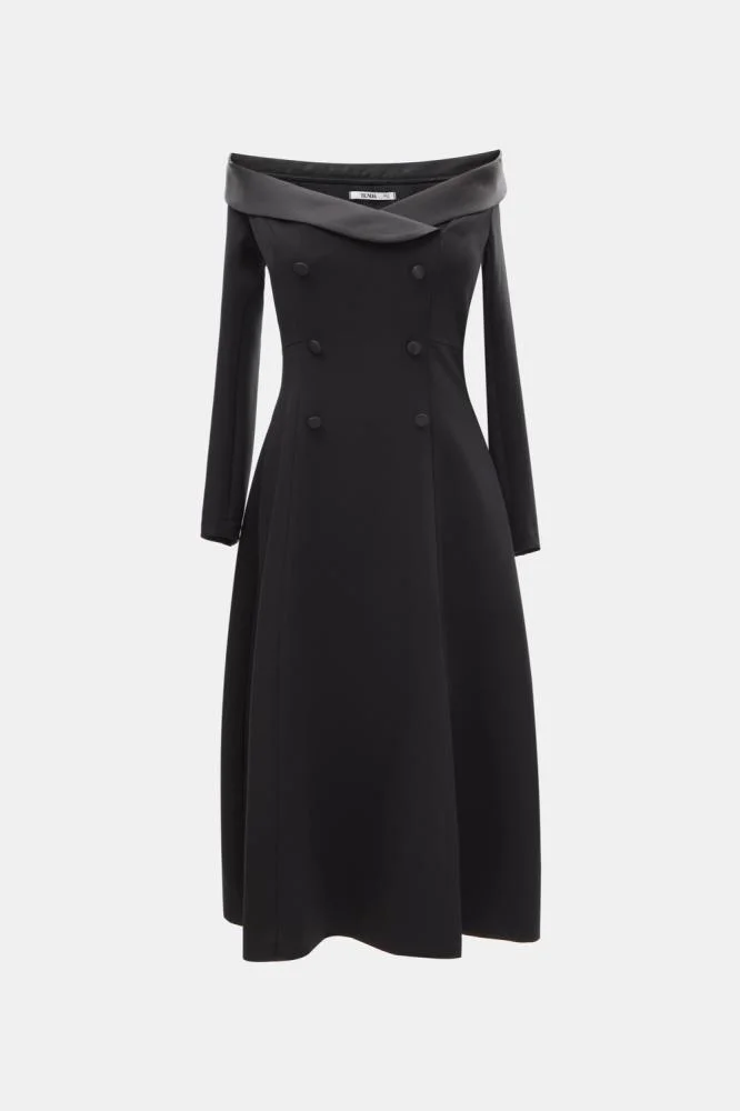 Tenda Off-Shoulder Dress with Double Buttons Black