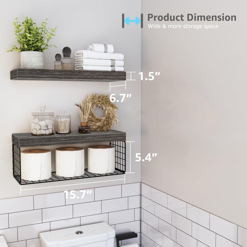 QEEIG Bathroom Shelves Over Toilet - Wall Mounted Floating Shelves Toilet Paper Storage Small Farmhouse Decor Shelf 16 inch Set of 2, Grey (019-GY2) - Image 3
