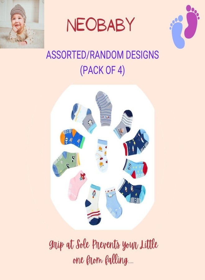 NEOBABY Cotton Anti Slip Grip Regular Socks For Kids & Babies Boys & Girls (Assorted/Random Designs), Multicolour - Image 2