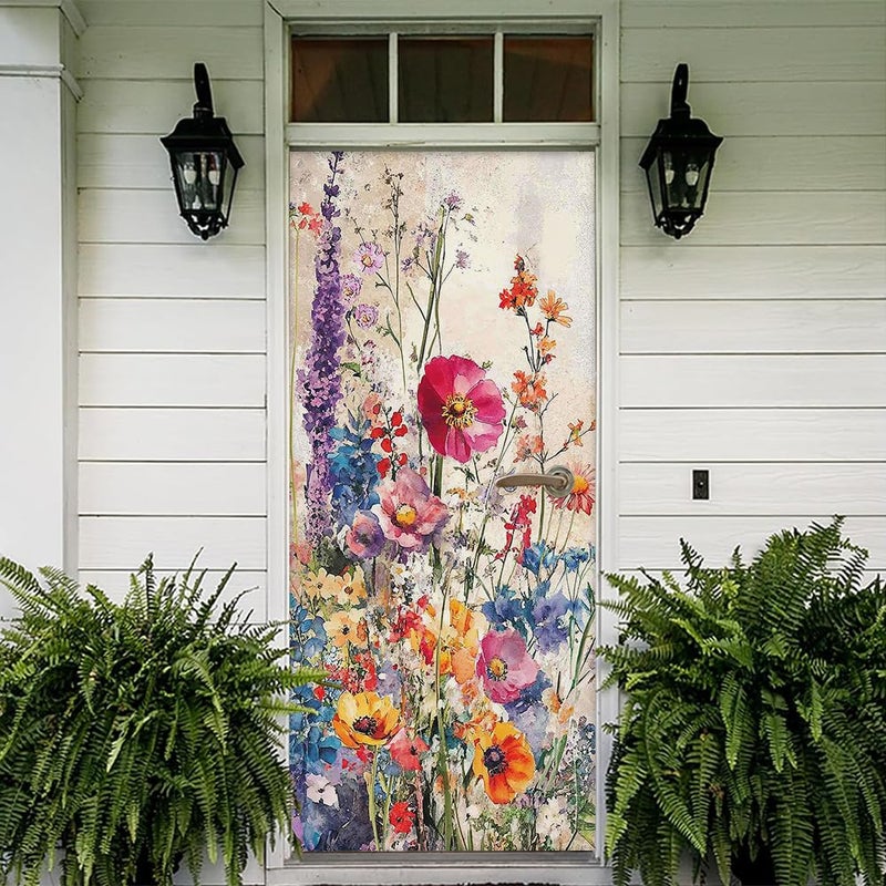 REDAMANCY Vintage Purple Pink Yellow Flowers Peel and Stick Door Stickers Vinyl 3D Door Mural Decals Decor Wallpaper Self-Adhesive, Waterproof, Removable - Image 5