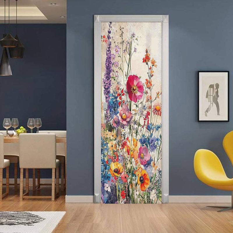 REDAMANCY Vintage Purple Pink Yellow Flowers Peel and Stick Door Stickers Vinyl 3D Door Mural Decals Decor Wallpaper Self-Adhesive, Waterproof, Removable - Image 3