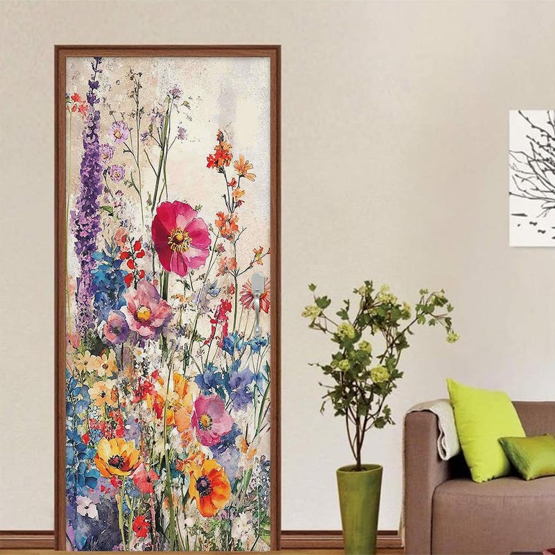 REDAMANCY Vintage Purple Pink Yellow Flowers Peel and Stick Door Stickers Vinyl 3D Door Mural Decals Decor Wallpaper Self-Adhesive, Waterproof, Removable - Image 4