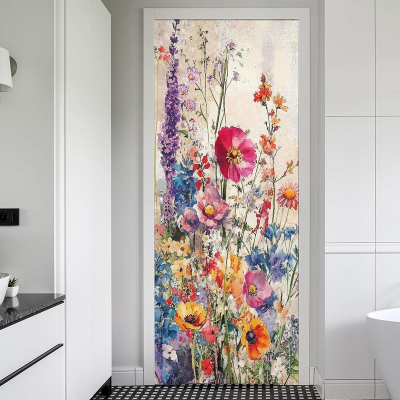 REDAMANCY Vintage Purple Pink Yellow Flowers Peel and Stick Door Stickers Vinyl 3D Door Mural Decals Decor Wallpaper Self-Adhesive, Waterproof, Removable - Image 1