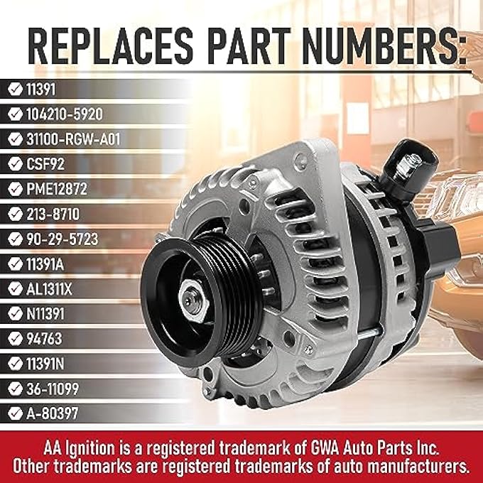 AA Ignition Replacement Alternator - Replaces Part 11391, 104210-5920, 31100-RGW-A01, AL1311X - Compatible with Acura and Honda 3.5L, 3.7L V6 - MDX, RL, TL, TSX, ZDX, Odyssey, Pilot, Ridgeline - Image 3