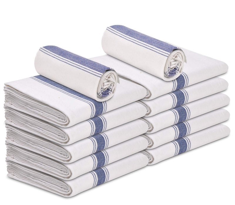 TALVANIA Kitchen Dish Towels 100 Cotton White Flour Sack Tea Cloth with Blue Herringbone Stripe Pack of 12 Perfect Classic Dish Towel 15 x 25 Dishcloths for Bars Kitchens Counters etc