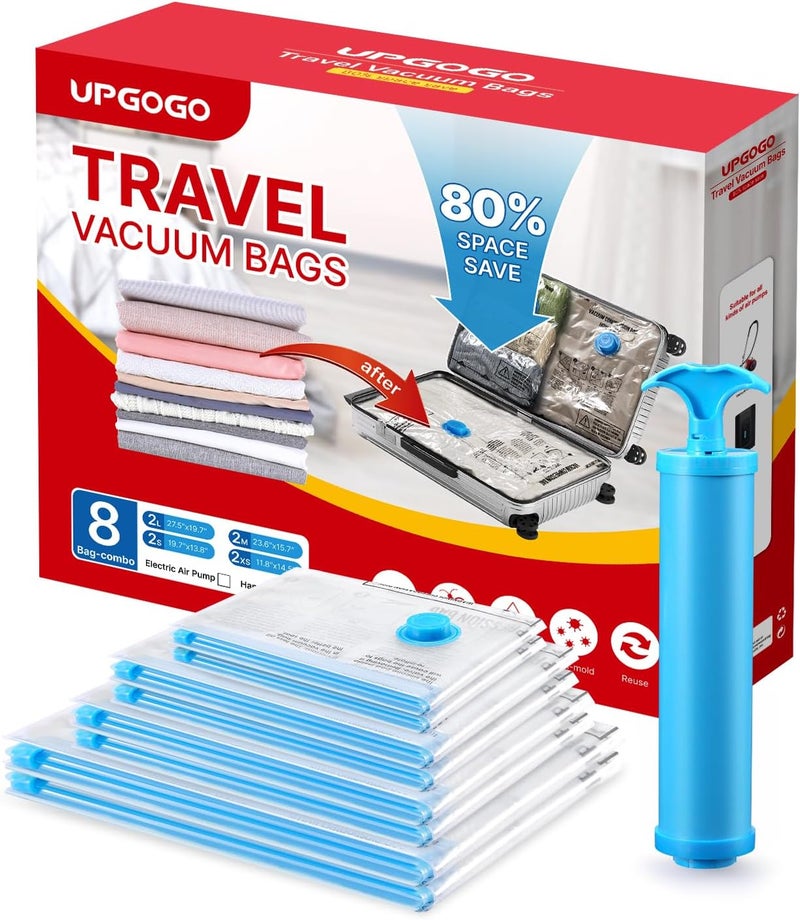 UPGOGO أكياس التفريغ للسفر مع مضخة يدوية، أكياس التفريغ للسفر للأمتعة، أكياس الختم التفريغي للملابس، أكياس تخزين التفريغ الموفرة للمساحة، أساسيات السفر، ملابس، بطانيات، وسائد (مجموعة 8 قطع) - Image 1