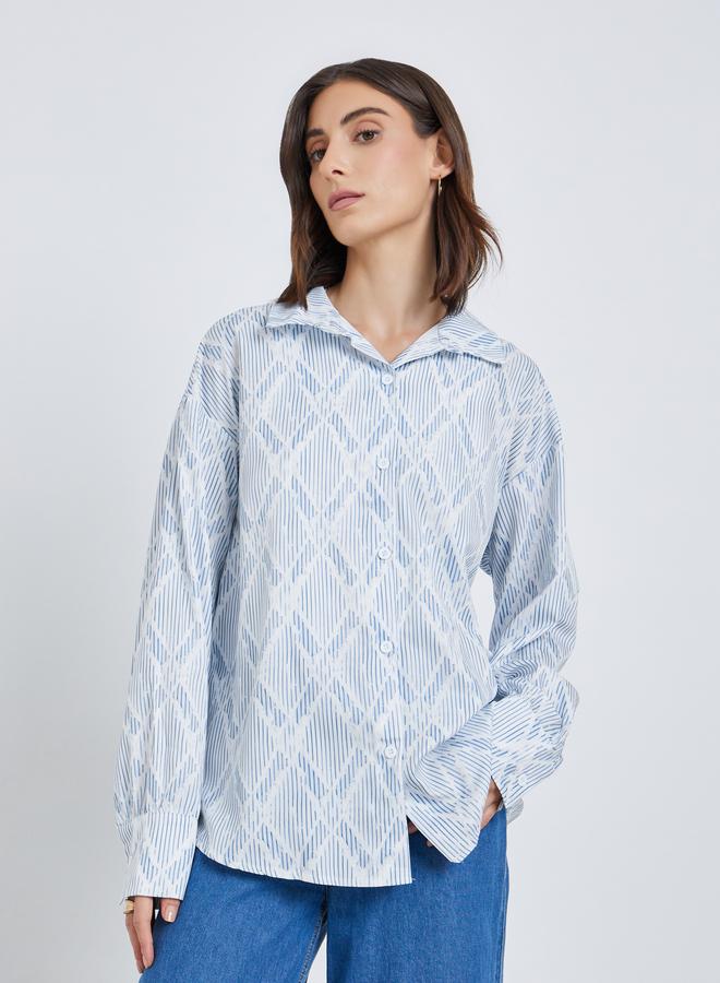 تايك تو قميص نسائي طويل الأكمام أزرق مطبوع بالكامل مقاس كبير - Image 3