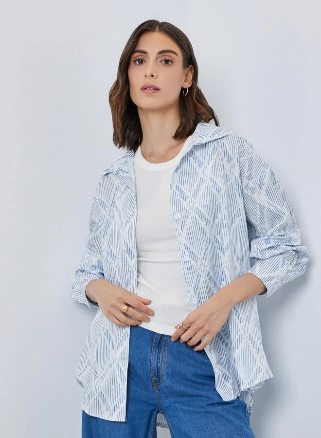Take Two Women Blue All-Over Print Long Sleeve Oversized Shirt