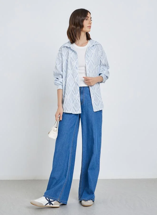 Take Two Women Blue All-Over Print Long Sleeve Oversized Shirt