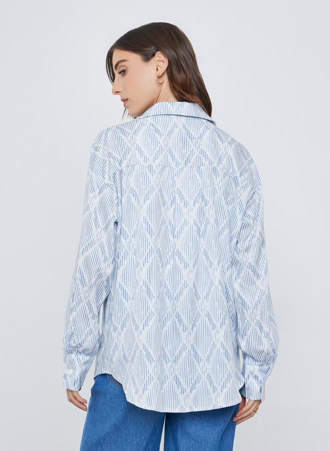 تايك تو قميص نسائي طويل الأكمام أزرق مطبوع بالكامل مقاس كبير - Image 5