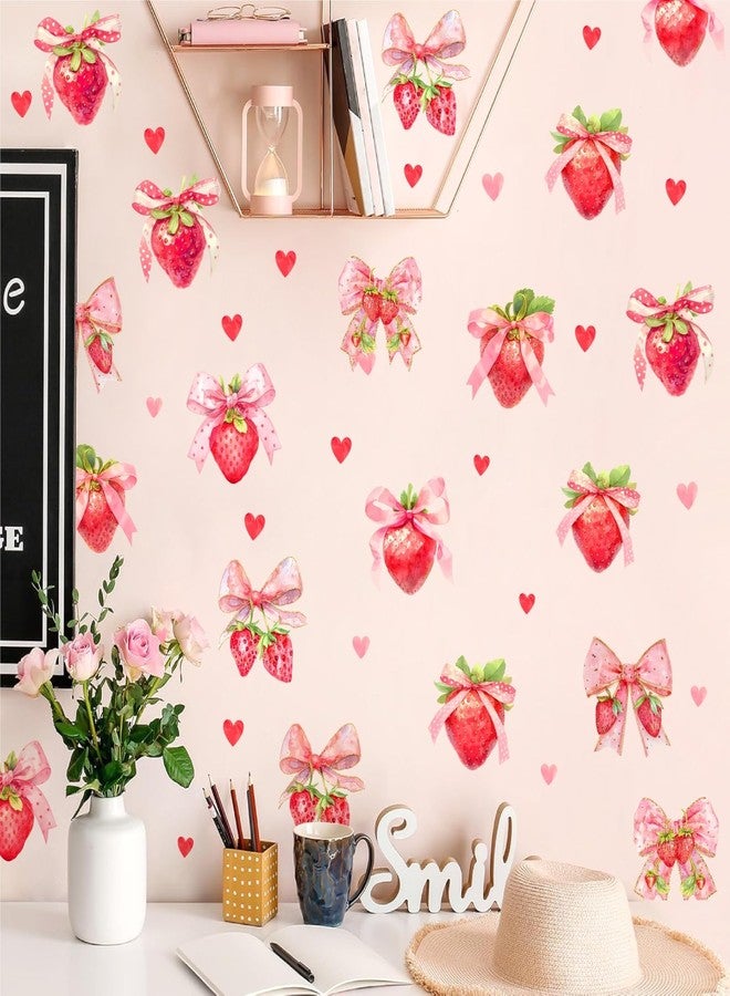 HATARU 90 PCS Strawberry Stickers Berry First Vinyl Decals for Backdrop Baby Girls Birthday Party Supplies Oh Baby Shower Decal for Strawberry Theme Balloon Arch Peel and Stick Bows Sticker Fruit Art Murals - Image 1