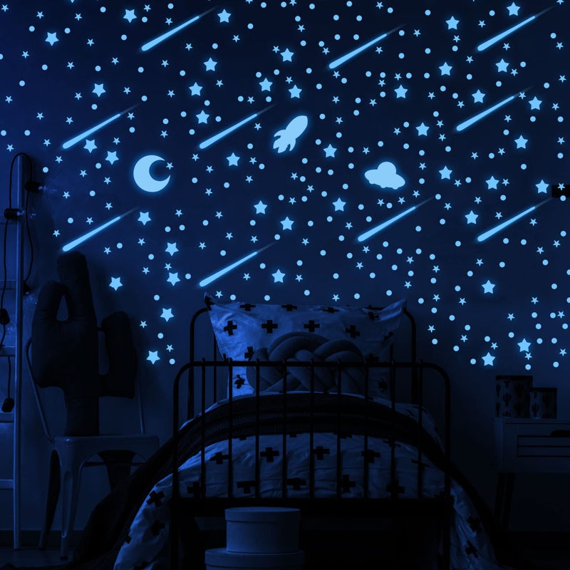 Glow in The Dark Stars for Ceiling Outer Space Blue Wall StickersGalaxy Universe Wall Decal Shooting Stars Rockets508 Pcs for Kids Boys Girls Bedroom Nursery Playroom Room Decoration