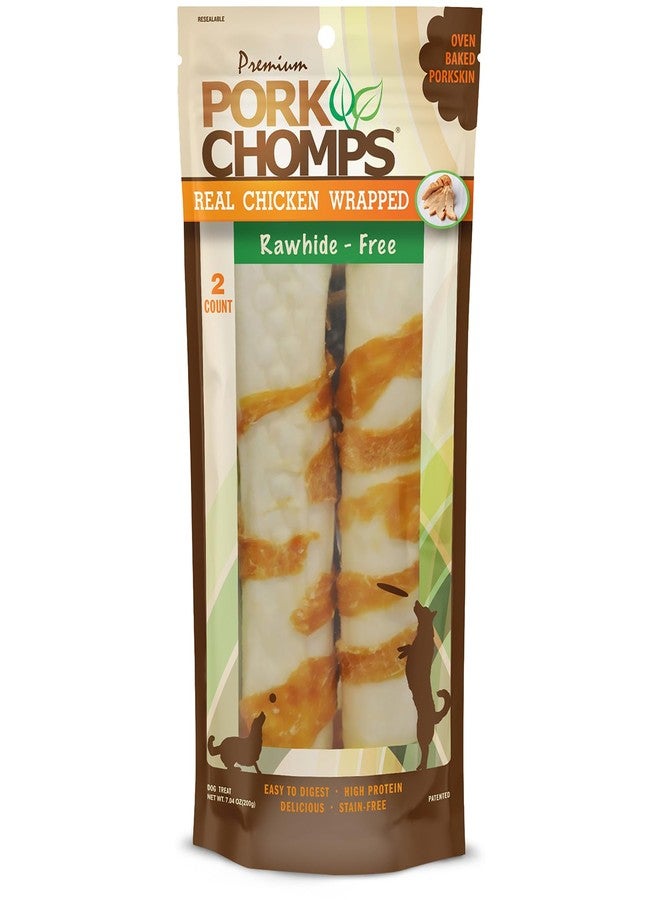 Pork Chomps Baked Pork Skin Dog Chews, 8-inch Rolls, Real Chicken Wrap, 2 Count - Image 1