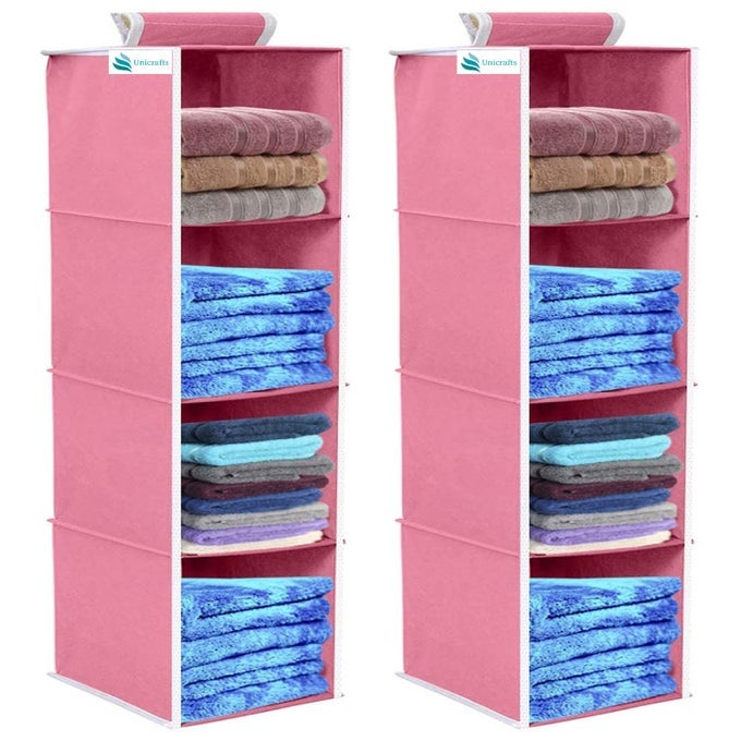 HANGING ORGANIZER 4 SHELVES NON WOVEN FOLDABLE ORGANIZER COLLAPSIBLE WARDROBE ORGANISER CUPBOARD 4 TIER CLOTHES HANGER FOR BEDROOM PACK OF 2 PINK