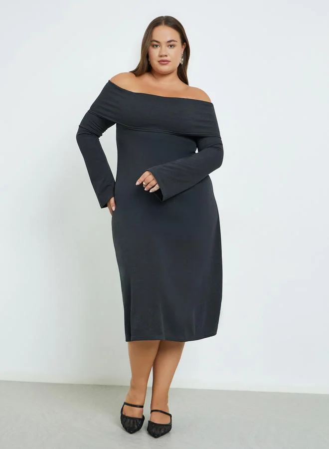Styli Styli Plus Size Bardot Neck Ribbed Midi Dress