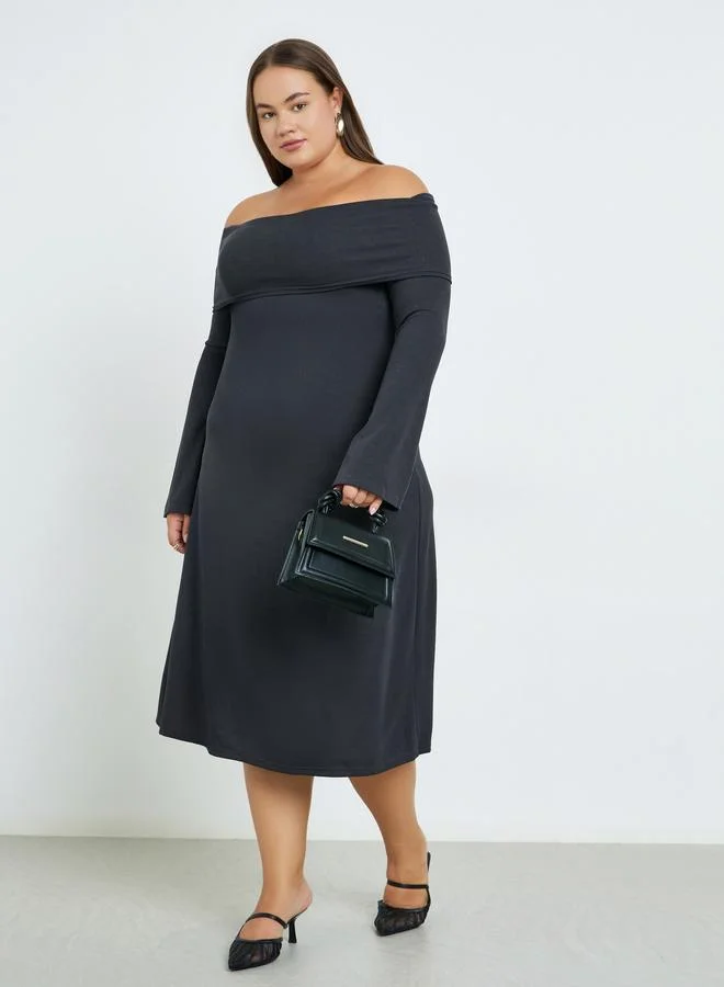 Styli Styli Plus Size Bardot Neck Ribbed Midi Dress