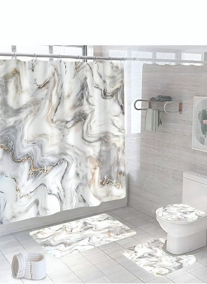4PCS Printed Shower Curtain Set Polyester Material Golden Black Marble Pattern Thickened Shower Curtain Set Includes Floor Mat Toilet Seat Cover Anti-skid Pad At The Bottom of Toilet Ring and Shower C - pzsku/ZA747BE224BDCA2FF8243Z/45/_/1710987986/350ba5ec-9e87-4612-bfa4-42c971c52655