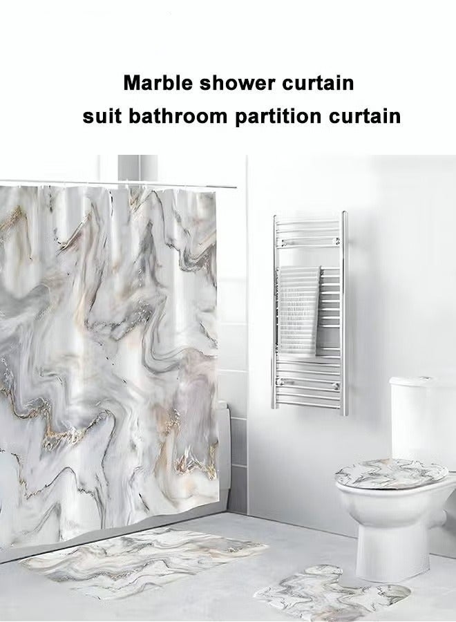 MIXDE 4PCS Printed Shower Curtain Set Polyester Material Golden Black Marble Pattern Thickened Shower Curtain Set Includes Floor Mat Toilet Seat Cover Anti-skid Pad At The Bottom of Toilet Ring and Shower C  - Image 3
