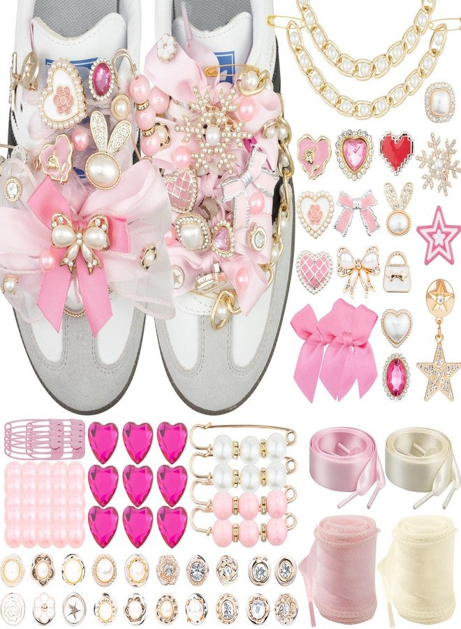 DoDoBeads 95 Pcs Pink Shoe Charms for Sneakers, Junk Socks Charms Kit with Satin & Lace Shoelaces, Pink Sneaker Charm for Women, Cute Shoelace Sock Charm for DIY Decoration - Image 1
