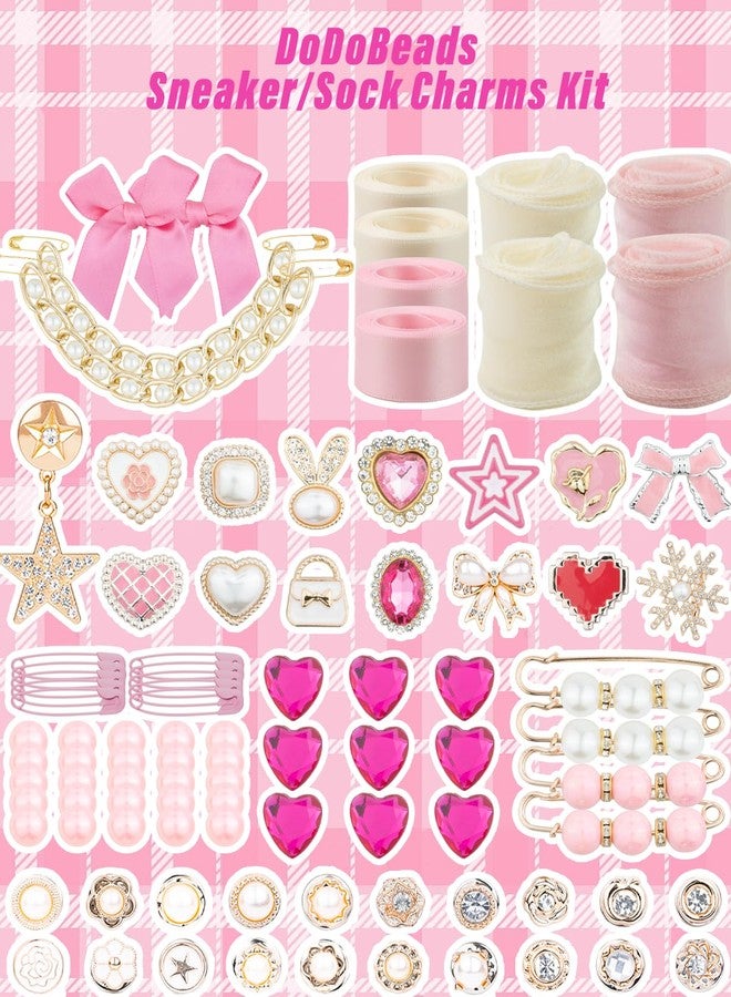 DoDoBeads 95 Pcs Pink Shoe Charms for Sneakers, Junk Socks Charms Kit with Satin & Lace Shoelaces, Pink Sneaker Charm for Women, Cute Shoelace Sock Charm for DIY Decoration - Image 3