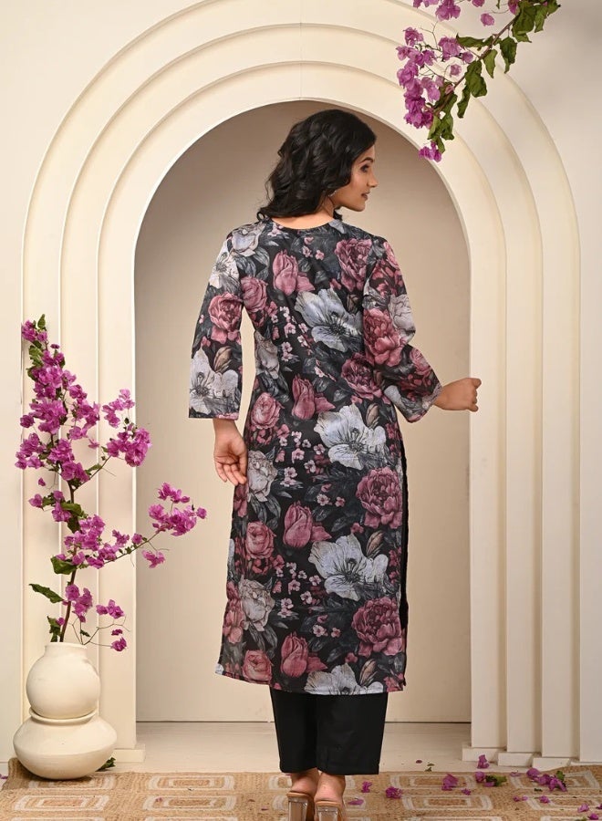 Ishq Behisaab Black Floral Three Piece Salwar Suit | Laced Organza Kurta Set with Lining | Designer Straight V-Neck Pakistani Dress - Image 5