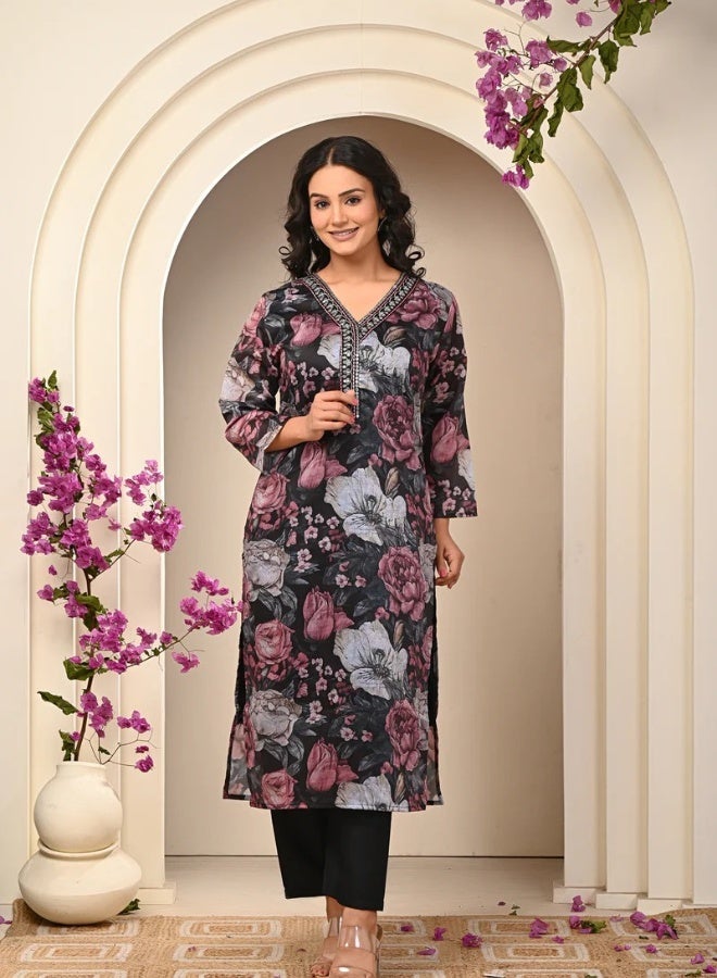 Ishq Behisaab Black Floral Three Piece Salwar Suit | Laced Organza Kurta Set with Lining | Designer Straight V-Neck Pakistani Dress - Image 4