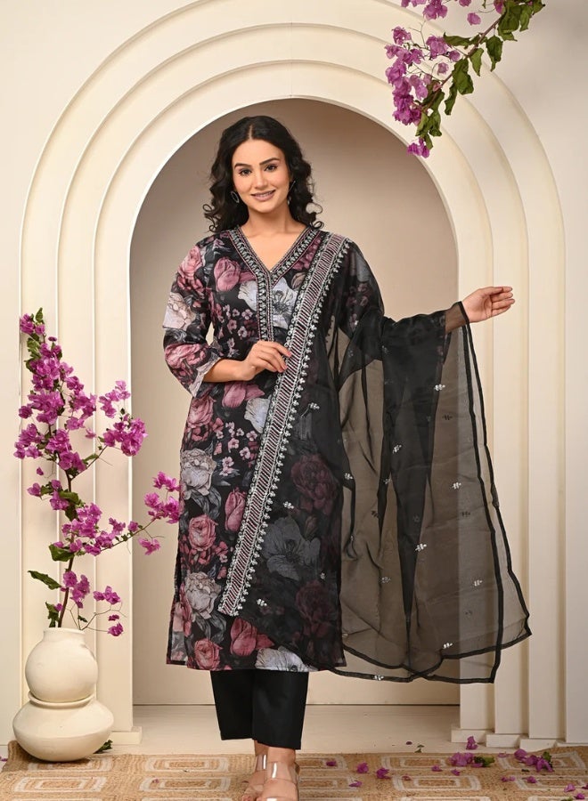 Ishq Behisaab Black Floral Three Piece Salwar Suit | Laced Organza Kurta Set with Lining | Designer Straight V-Neck Pakistani Dress - Image 1