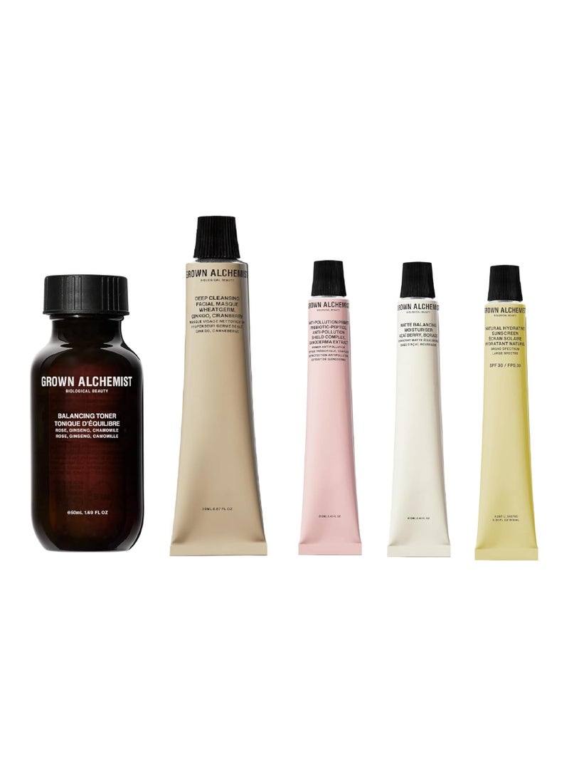 Grown Alchemist AM Routine Skincare Kit skincare Set Gift Exclusive Matte Moisturizer 12 ml Facial Masque 20 ml Face Toner 50 ml Natural Sunscreen spf 30 10 ml Anti Pollution Face Primer 12 ml - Image 1
