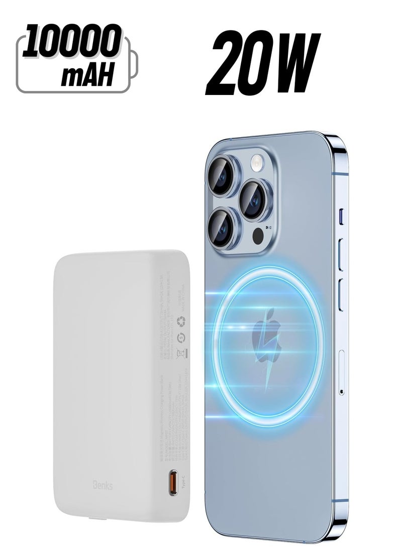 Benks BENKS Magnetic Power Bank, 10,000mAh Wireless Portable Charger, for MagSafe Battery Pack with Two-Way 15W USB-C Ports for iPhone 15/14/13/12 Series, White - Image 1