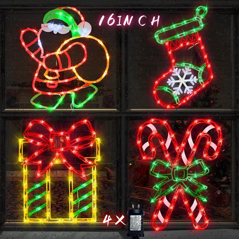 TRWYMZ 16" Christmas Window Silhouette Lights - 4 Pack Colour Lighted Christmas Stocking & Candy Cane & Gift Box & Santa for Holiday Indoor and Outdoor Wall Door Window Decorate - Image 1