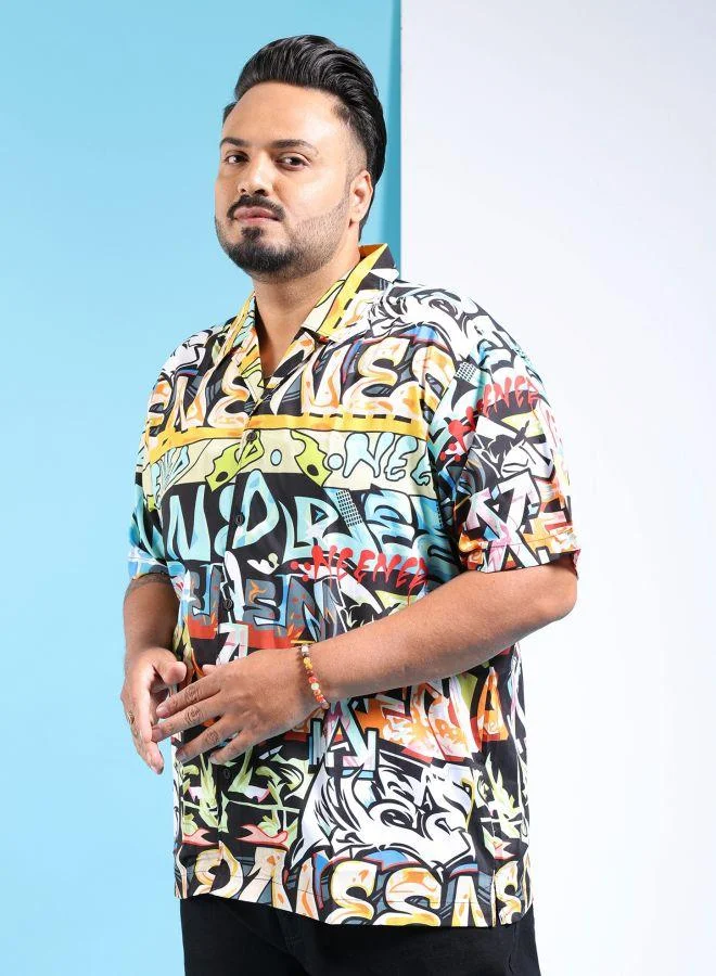 HARDSODA Men Plus Size Regular Fit Printed Camp Collar Half Sleeves Casual Shirt