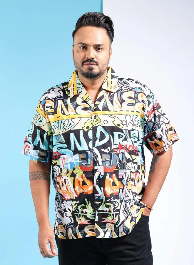 HARDSODA Men Plus Size Regular Fit Printed Camp Collar Half Sleeves Casual Shirt