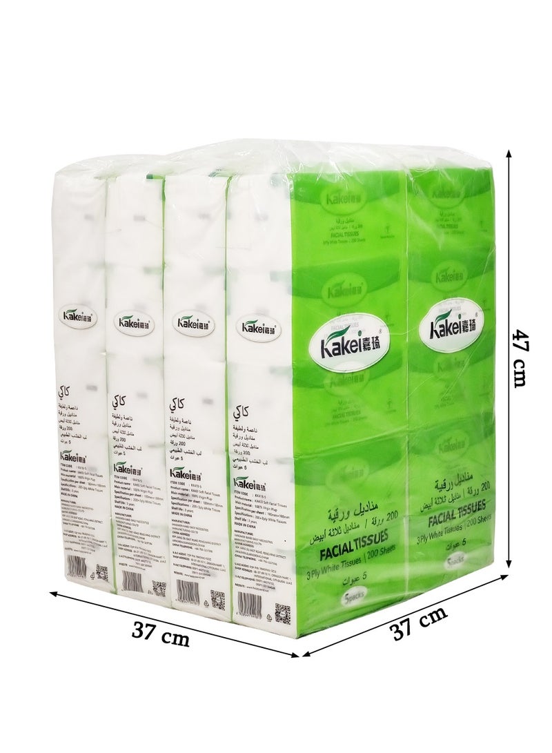 KAKEI White Facial Tissue with Natural wood pulp, 3 ply, 200 sheets, 1 box of 5 packs, Soft and Absorbent, Sustainable, Suitable for all skin, Any event and Eco-Friendly, Wet & Dry Dual Use, 47cm. (White) - Image 2