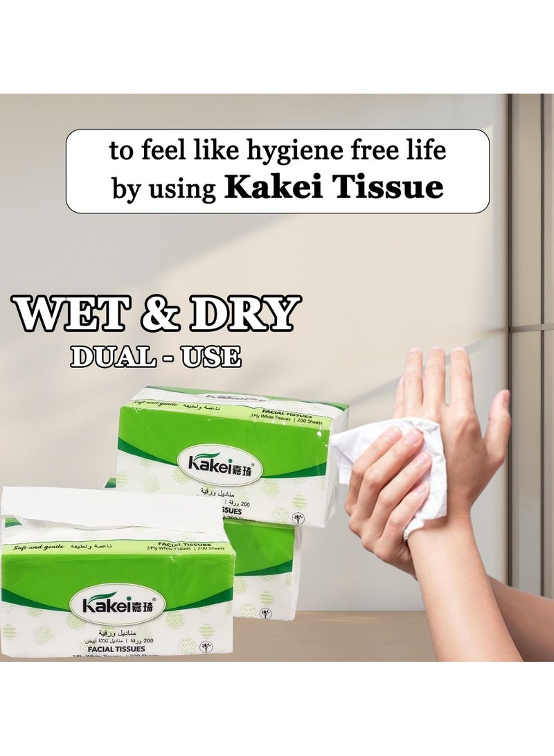 KAKEI White Facial Tissue with Natural wood pulp, 3 ply, 200 sheets, 1 box of 5 packs, Soft and Absorbent, Sustainable, Suitable for all skin, Any event and Eco-Friendly, Wet & Dry Dual Use, 47cm. (White) - Image 4