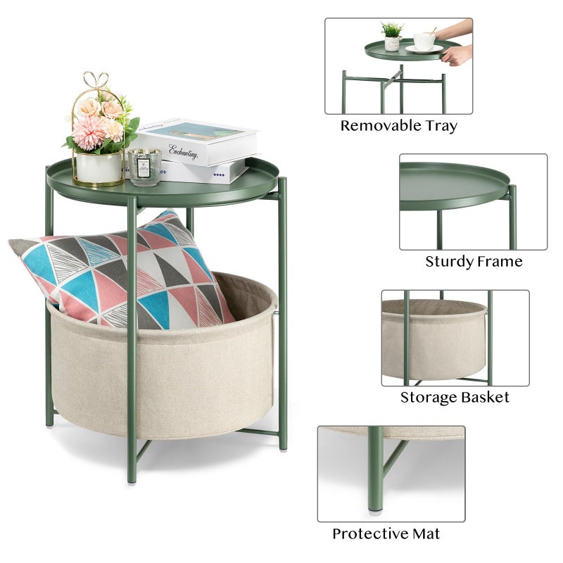 danpinera Round Side Table with Fabric Storage Basket, Metal Side Table Small Bedside Nightstand with Removable Tray for Living Room, Bedroom, Nursery, Dark Green - Image 4