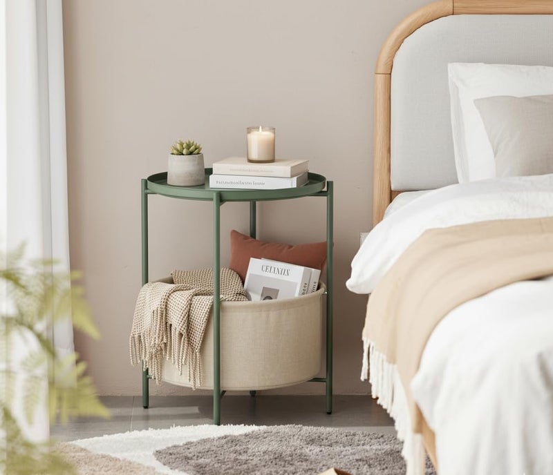 danpinera Round Side Table with Fabric Storage Basket, Metal Side Table Small Bedside Nightstand with Removable Tray for Living Room, Bedroom, Nursery, Dark Green - Image 3