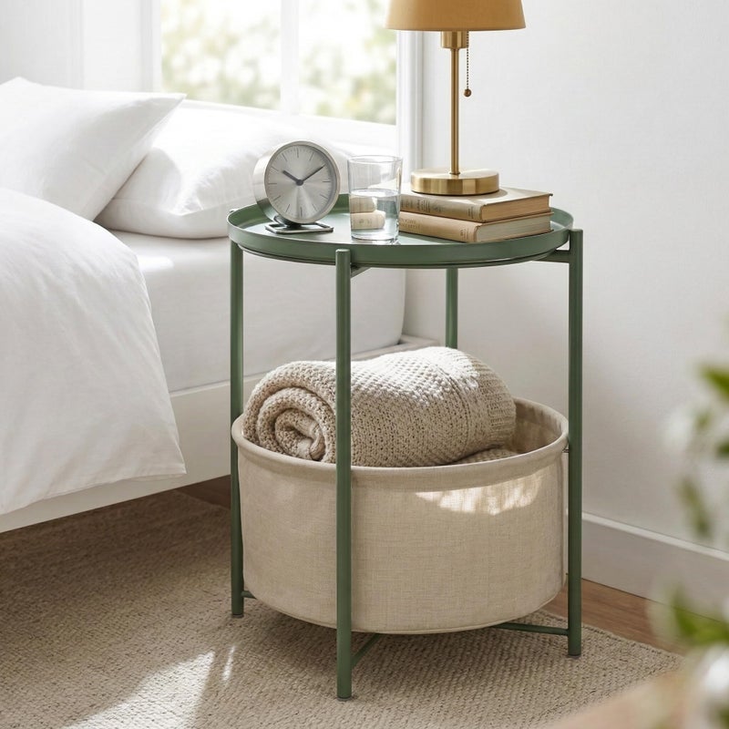 danpinera Round Side Table with Fabric Storage Basket, Metal Side Table Small Bedside Nightstand with Removable Tray for Living Room, Bedroom, Nursery, Dark Green - Image 2