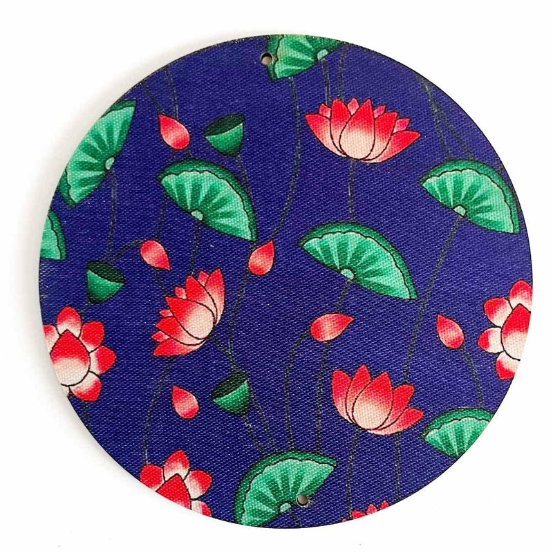 ADIKALA ADIKALA Pichwai Lotus Print Fabric MDF Round Cutout for Diwali Dussehra Home Decoration Wedding DIY Art Craft Round Circle with 2 Holes Set of 6 Blue 4 in 