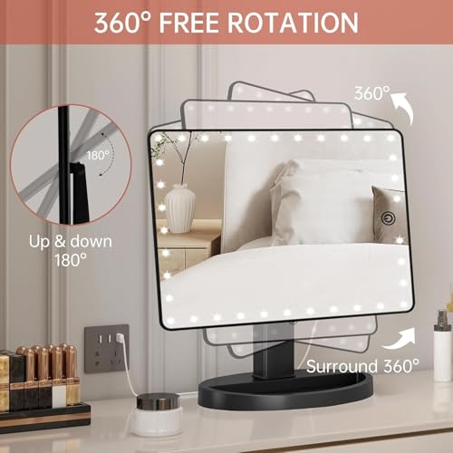 FUNTOUCH Large Lighted Makeup Mirror with Lights, Light Up Mirror with Small 10x Magnification for Desk, 360°Rotation Touch Screen,Brightness Adjustable Tabletop Cosmetic Vanity Make Up Mirror - Image 4