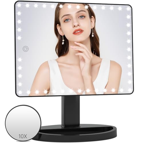 FUNTOUCH Large Lighted Makeup Mirror with Lights, Light Up Mirror with Small 10x Magnification for Desk, 360°Rotation Touch Screen,Brightness Adjustable Tabletop Cosmetic Vanity Make Up Mirror - Image 5
