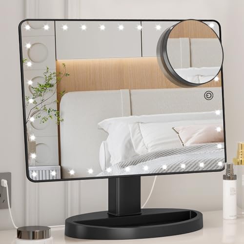 FUNTOUCH Large Lighted Makeup Mirror with Lights, Light Up Mirror with Small 10x Magnification for Desk, 360°Rotation Touch Screen,Brightness Adjustable Tabletop Cosmetic Vanity Make Up Mirror - Image 1