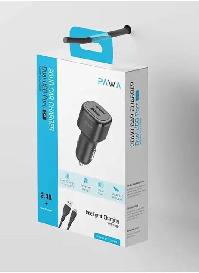 Pawa - Solid Car Charger 2.4A Auto-Identification with Micro Cable / Fast Charger / Portable & Elegant / Secure and saturated / Wide compatibility - Black - Image 1