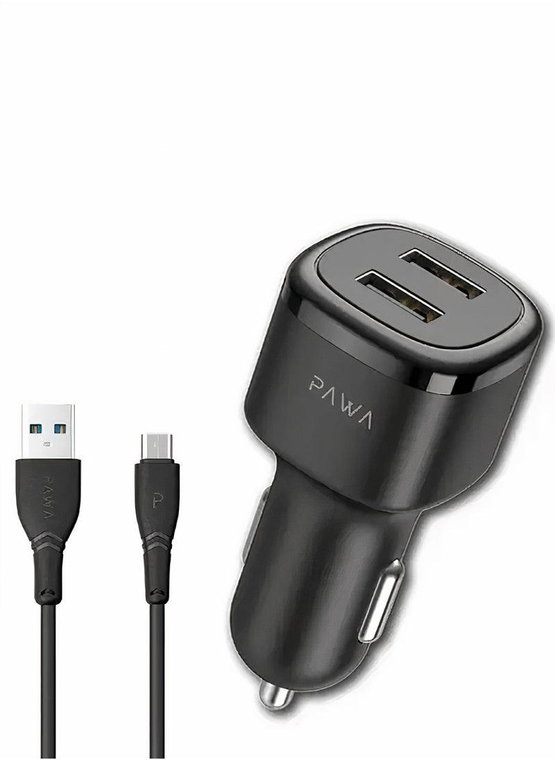Pawa - Solid Car Charger 2.4A Auto-Identification with Micro Cable / Fast Charger / Portable & Elegant / Secure and saturated / Wide compatibility - Black - Image 1