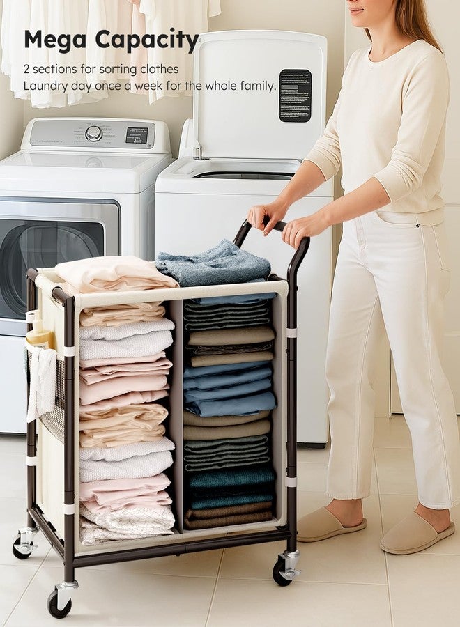 SOLEDI Laundry Basket with Wheels,38 Gallons(145L) Laundry Hamper 2 Section,Sturdy Metal Frame with Handle,Laundry Cart,Rolling Laundry Basket for Bedroom Aesthetic,Easy to Assemble,Ivory - Image 3