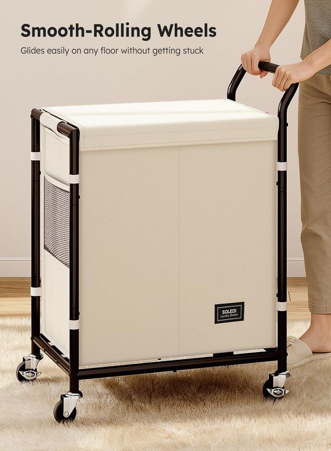SOLEDI Laundry Basket with Wheels,38 Gallons(145L) Laundry Hamper 2 Section,Sturdy Metal Frame with Handle,Laundry Cart,Rolling Laundry Basket for Bedroom Aesthetic,Easy to Assemble,Ivory - Image 4